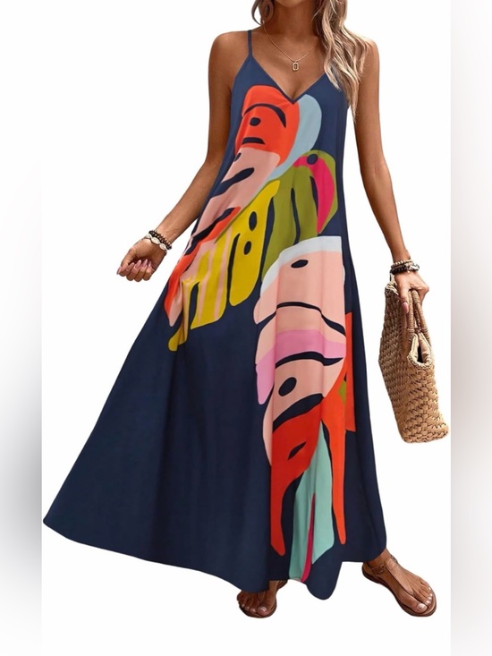 Gorglitter Dresses & Skirts - NWOT Navy Multicolor Abstract V‑Neck Maxi Dress Boho Loose fitting, Medium